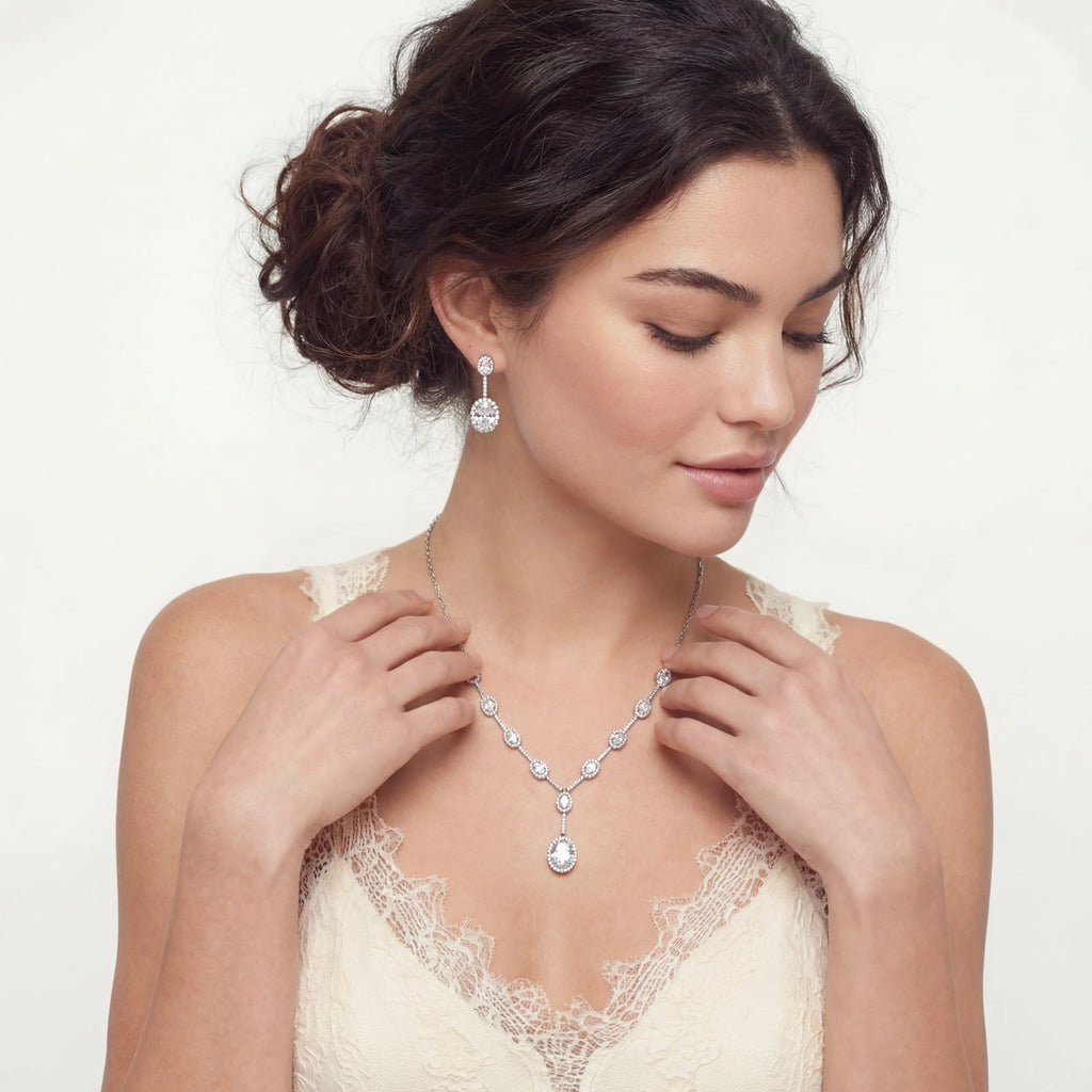 Celestial Cascade Set - White gold-plated Y necklace and drop earrings set with oval zirconia halos, view 2