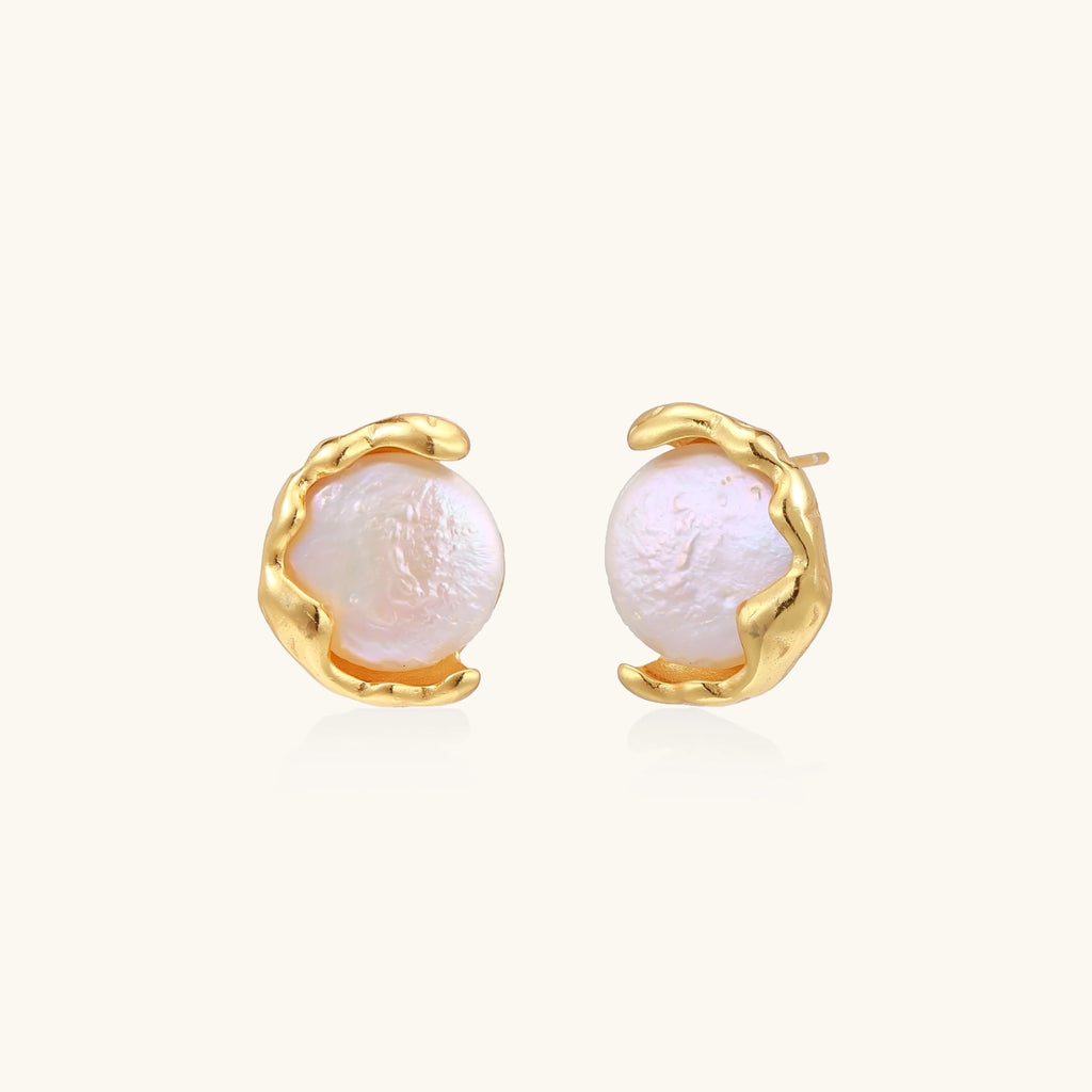 Gold vermeil studs with lustrous pink freshwater pearls in organic crescent settings