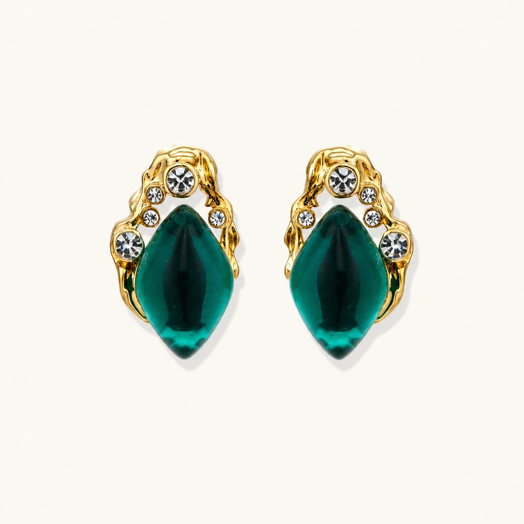 Gold-plated stud earrings featuring teardrop emerald green liuli stones with cubic zirconia crystal accents on white background.