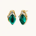 Gold-plated stud earrings featuring teardrop emerald green liuli stones with cubic zirconia crystal accents on white background.