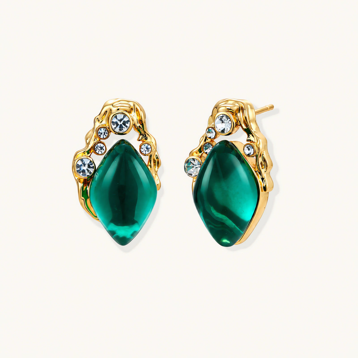 Gold-plated stud earrings featuring teardrop emerald green liuli stones with cubic zirconia crystal accents on white background.