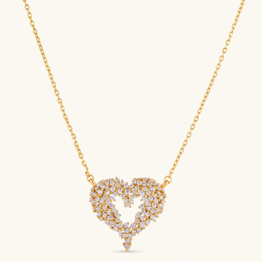 18K gold-plated 925 silver open heart pendant necklace with scattered cubic zirconia stones on a fine cable chain.