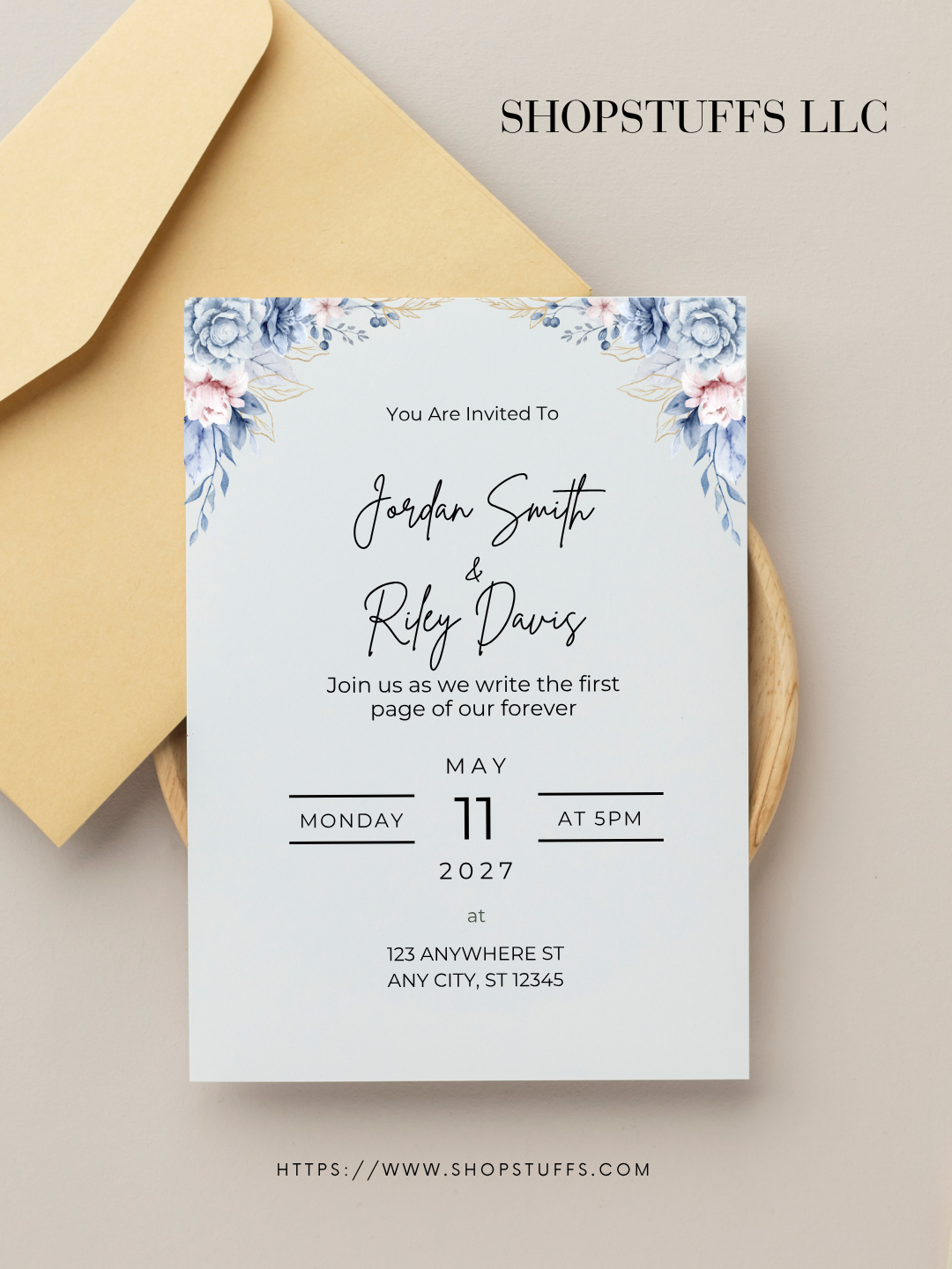 Blue Floral Wedding Invitation Suite Template