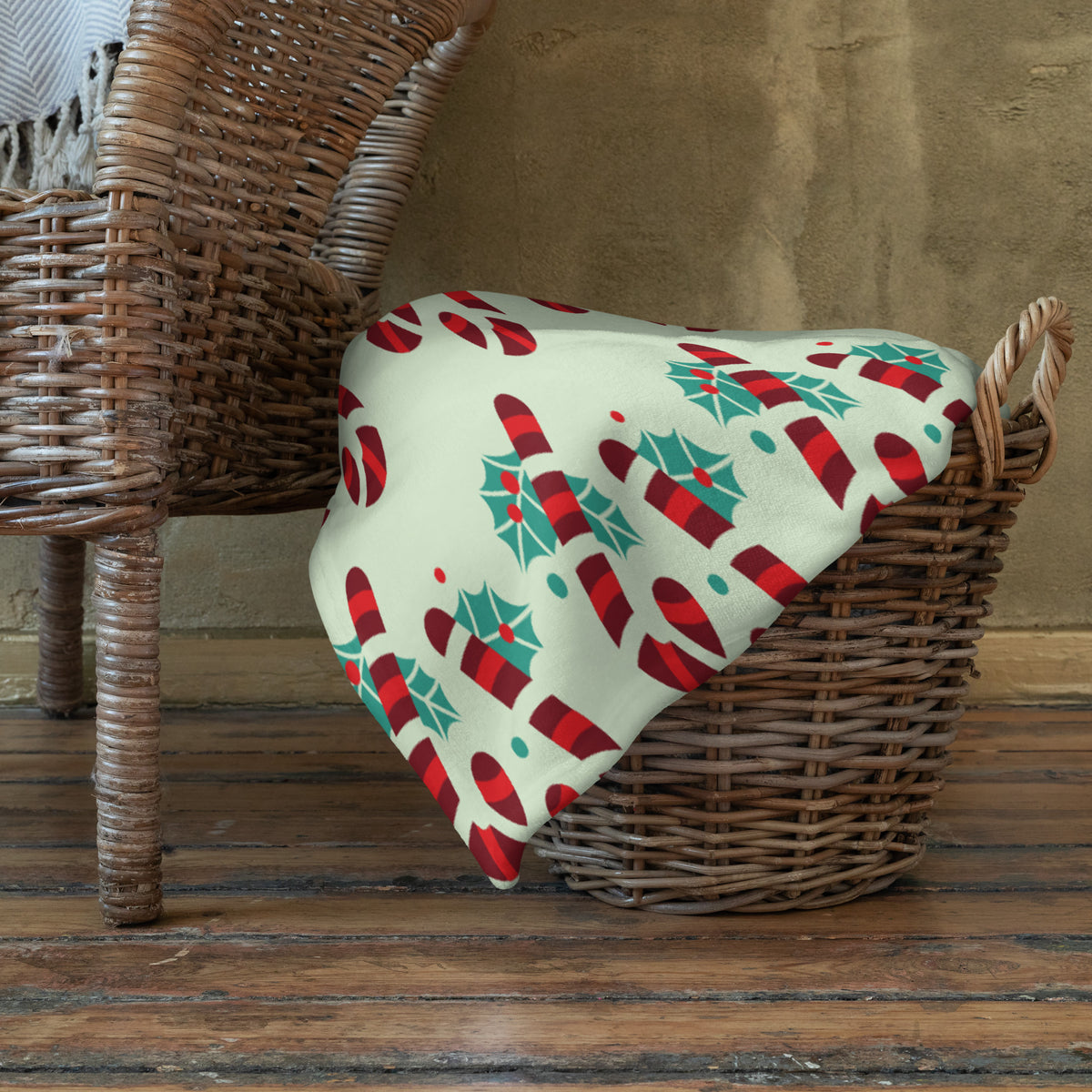 Green Christmas throw blanket with candy cane design, lifestyle view, image 2