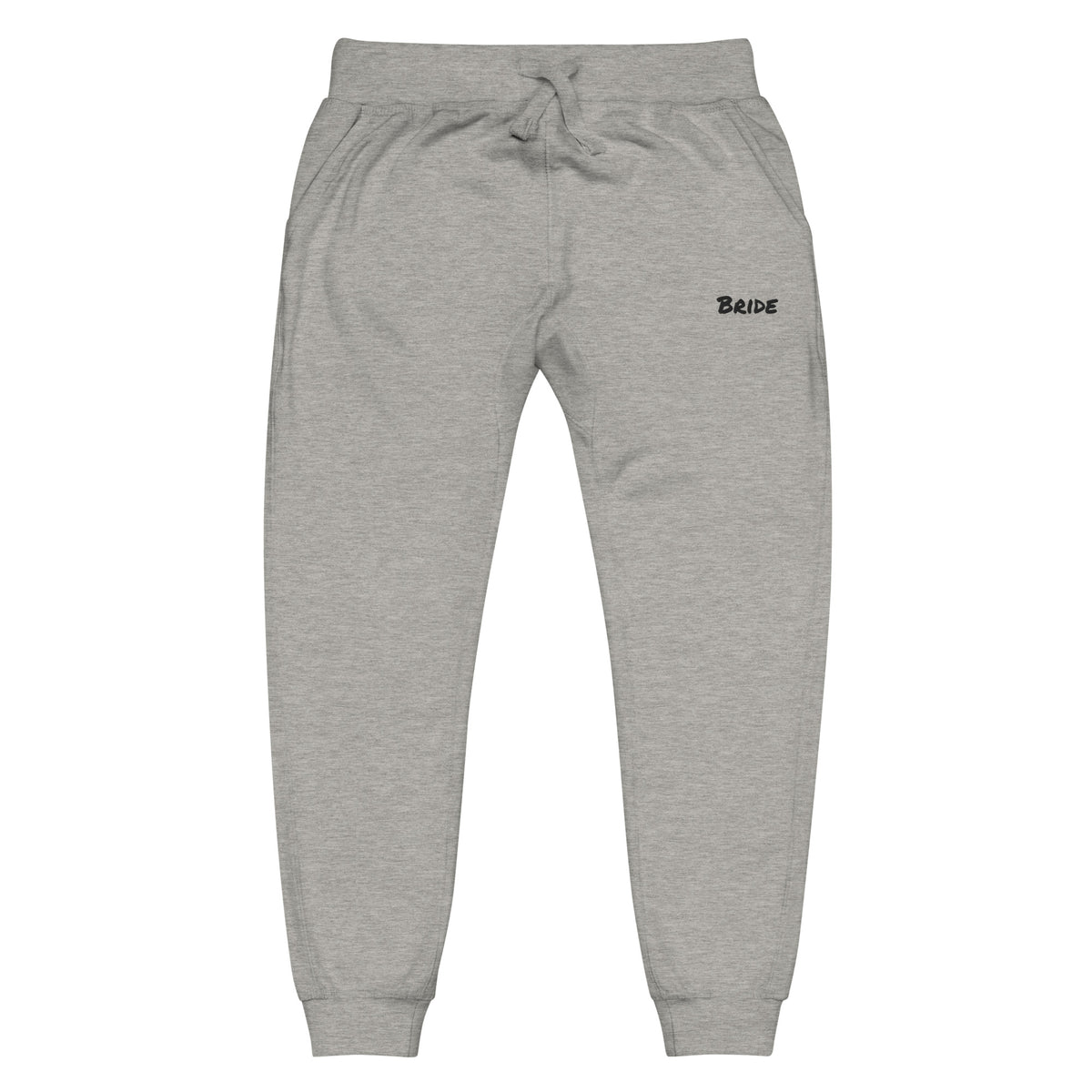 Fleece bridal party joggers with personalized black embroidery, grey, front view