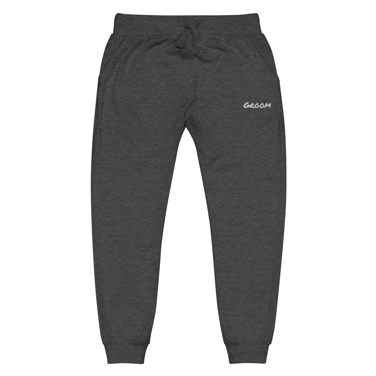 Fleece bridal party joggers with personalized white embroidery, charcoal heather, front view