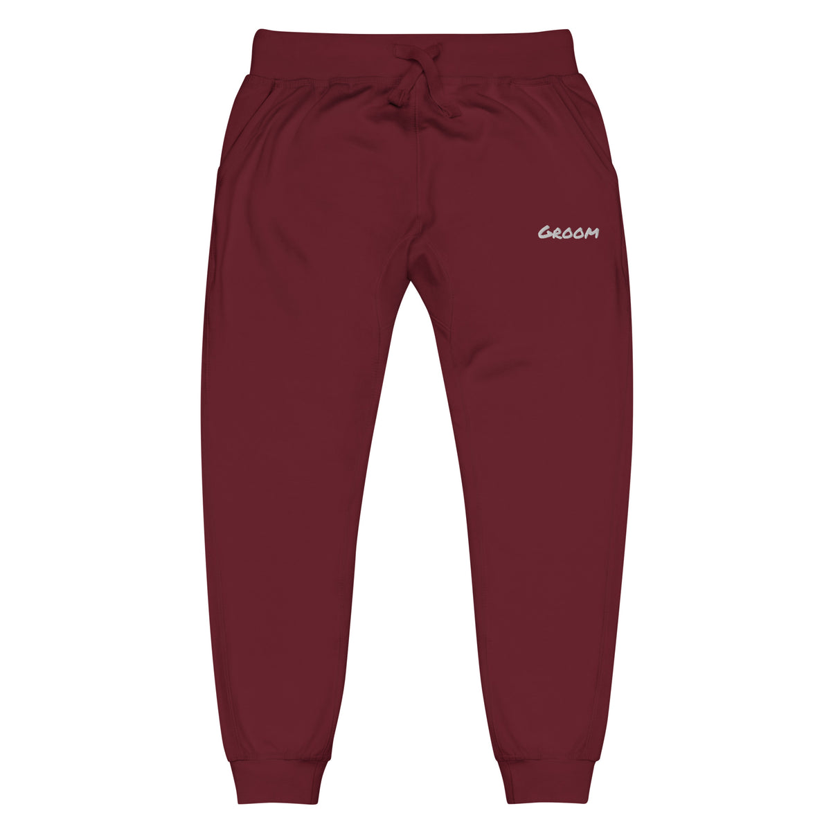 Fleece bridal party joggers with personalized white embroidery, maroon, front view