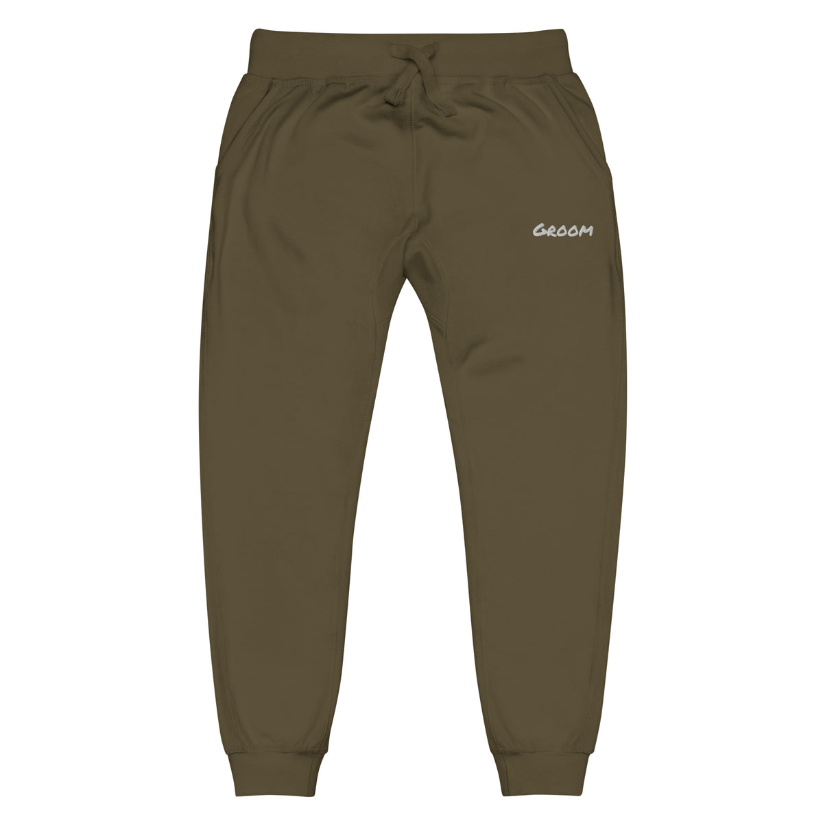 Fleece bridal party joggers with personalized white embroidery, green, front view