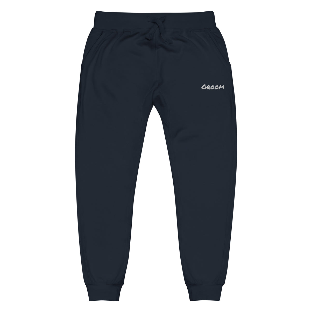 Fleece bridal party joggers with personalized white embroidery, navy, front view