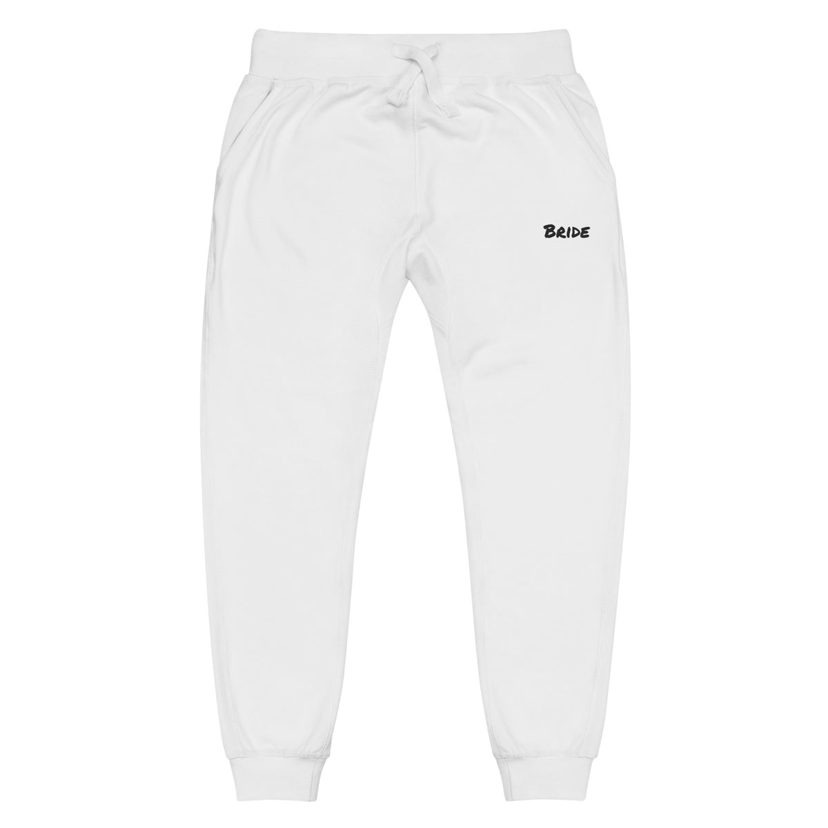 Fleece bridal party joggers with personalized black embroidery, front view, image 1