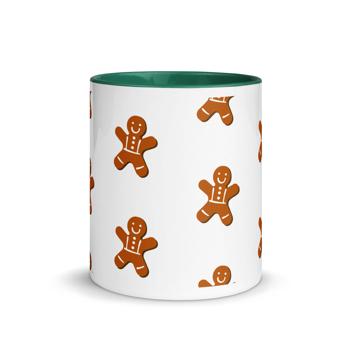Gingerbread Christmas mug with brown and red holiday accents, green, inside front view, image 1